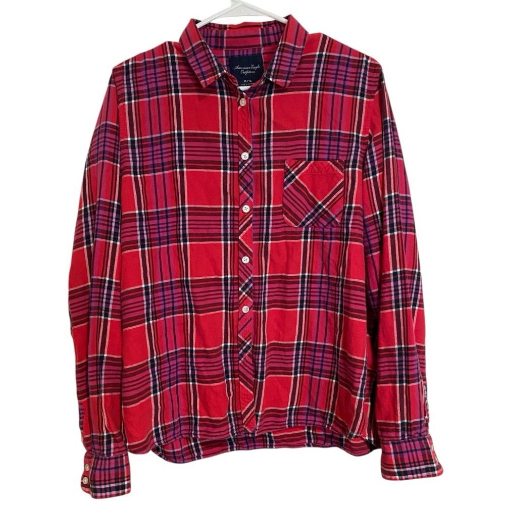 AMERICAN EAGLE Women’s Red Plaid Flannel Shirt XL Button-Up Soft Casual Top